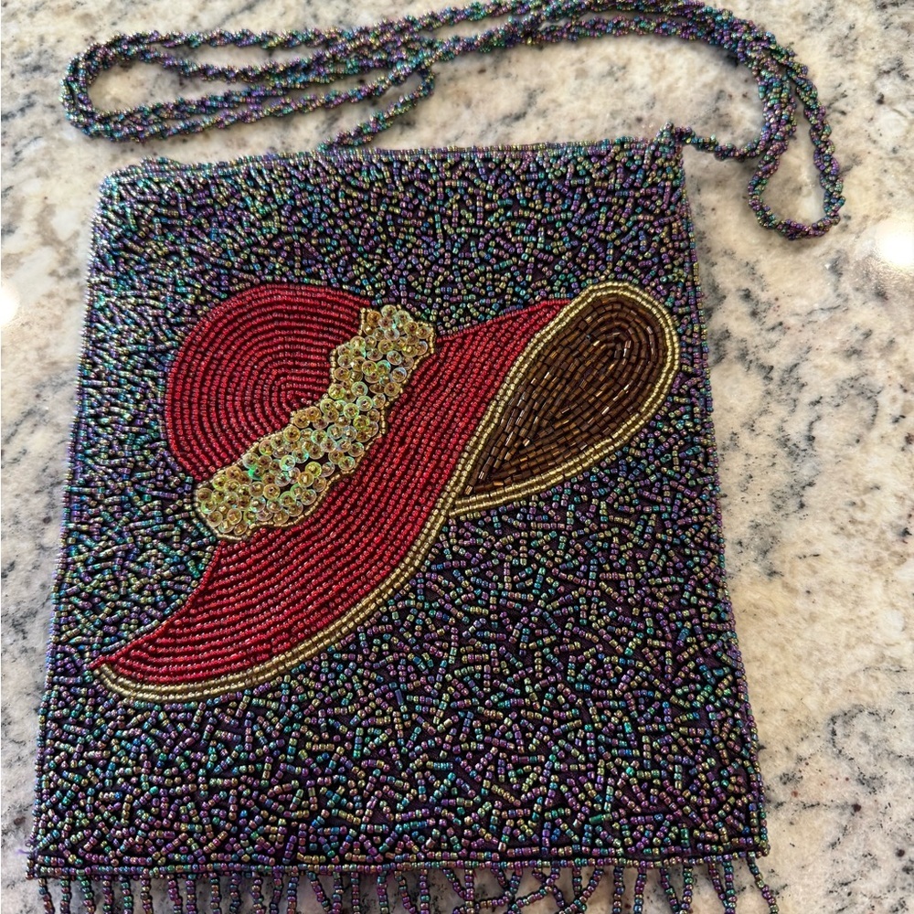 Design By Asly Glass Beaded Purse Floppy Red Hat Sequined Strap Art Deco 7  X 8